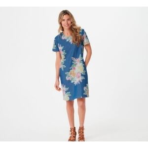 Denim&Co Floral Printed Stretch Blue Denim Shift Dress Size Large NWOT